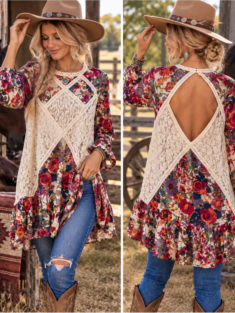 Umgee Floral Lace-Back Tunic Top - Cream & Multi